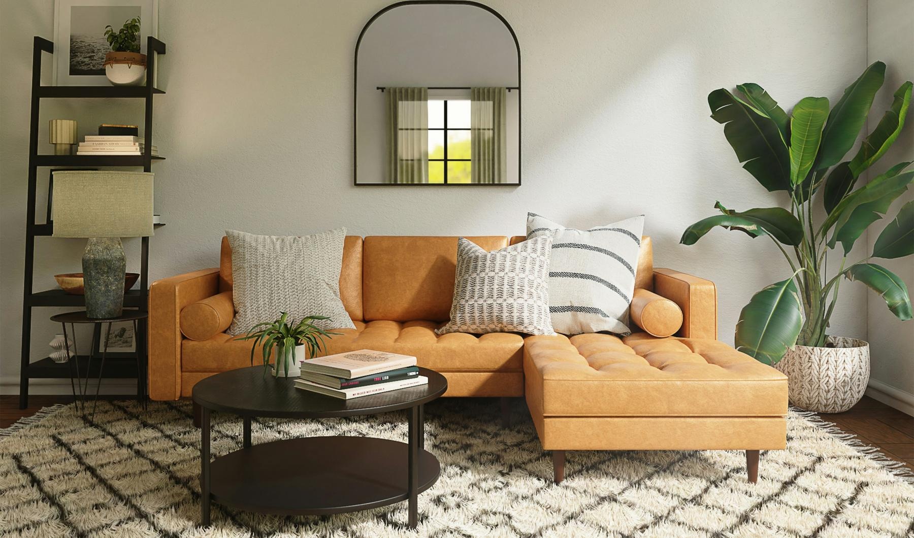 a living room with a couch and a coffee table